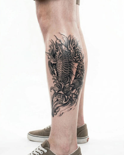INKON Koi Fish & Lotus 2 semi-permanent tattoo applied on a man – 4 x 8 in (11x21cm) design, realistic ink look, lasts 10 days