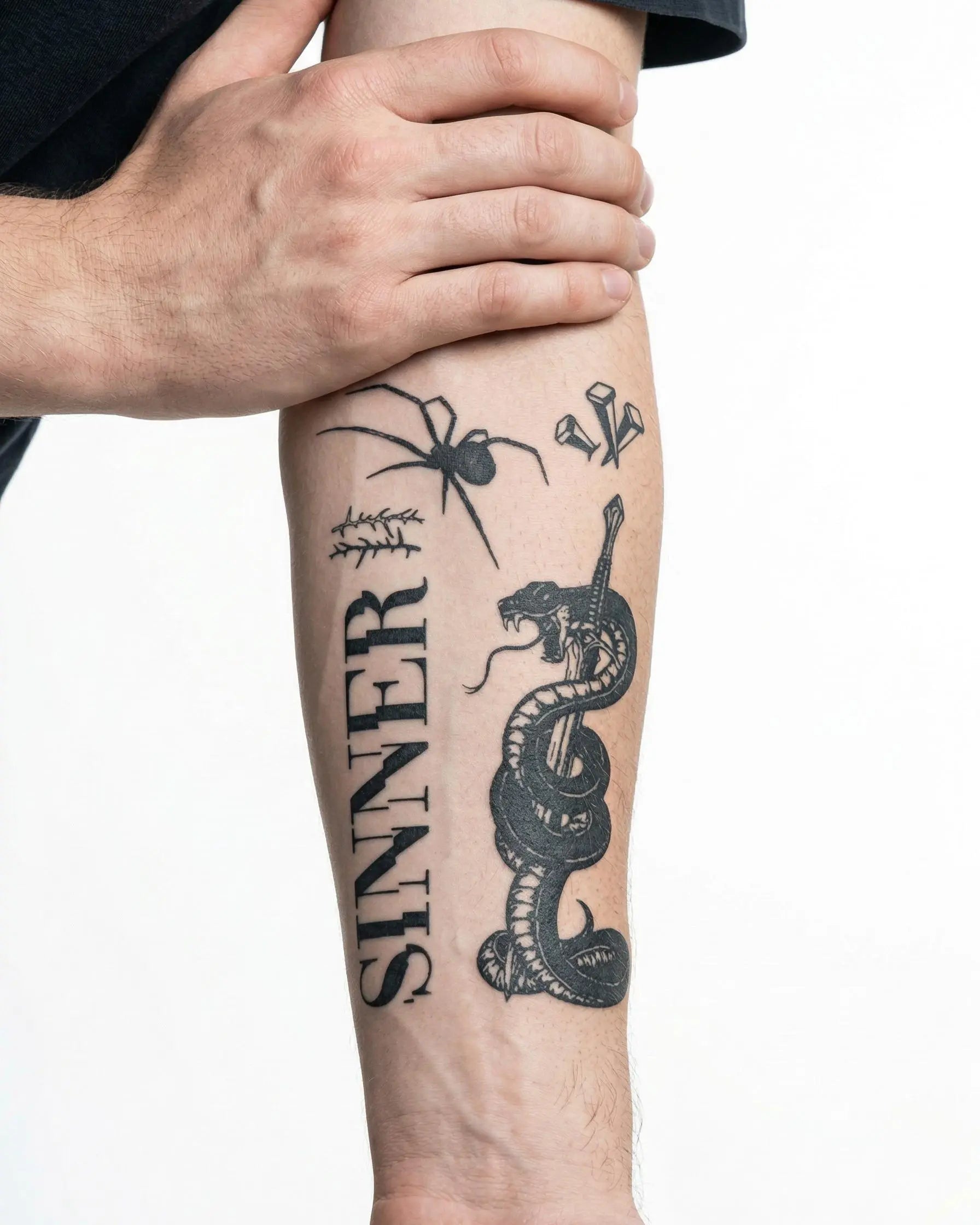 INKON Sinner Flash Sheet semi-permanent tattoo applied on a man – 4 x 7 in (10x17cm) design, realistic ink look, lasts 10 days