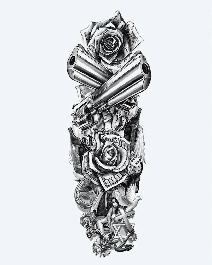 Revolvers & Roses semi-permanent tattoo design by INKON – full, sleeve, crossed, revolvers, roses illustration, 8 x 20 in (20x50cm), available at inkon.co