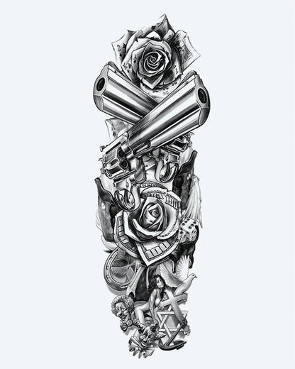 Revolvers & Roses semi-permanent tattoo design by INKON – full, sleeve, crossed, revolvers, roses illustration, 8 x 20 in (20x50cm), available at inkon.co