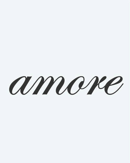 Amore Script semi-permanent tattoo design by INKON – word, amore, written, italic, calligraphy illustration, 2 x 2 in (5x5cm), available at inkon.co
