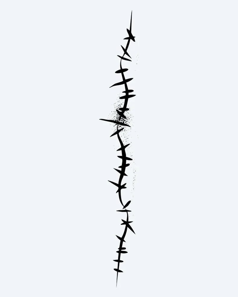 Barbed Wire Line semi-permanent tattoo design by INKON – barbed, wire, vertical, line, gritty illustration, 4 x 8 in (11x21cm), available at inkon.co
