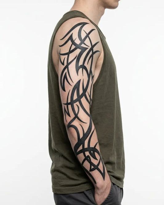 INKON Tribal Thorns semi-permanent tattoo applied on a man – 8 x 20 in (20x50cm) design, realistic ink look, lasts 10 days