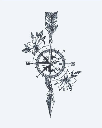 Floral Compass & Arrow semi-permanent tattoo design by INKON – nautical, compass, arrow, blooming, flowers illustration, 3 x 4 in (6x11cm), available at inkon.co