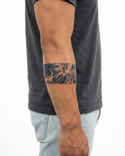 INKON Japanese Waves Band semi-permanent tattoo applied on a man – 2 x 9 in (5x23cm) design, realistic ink look, lasts 10 days