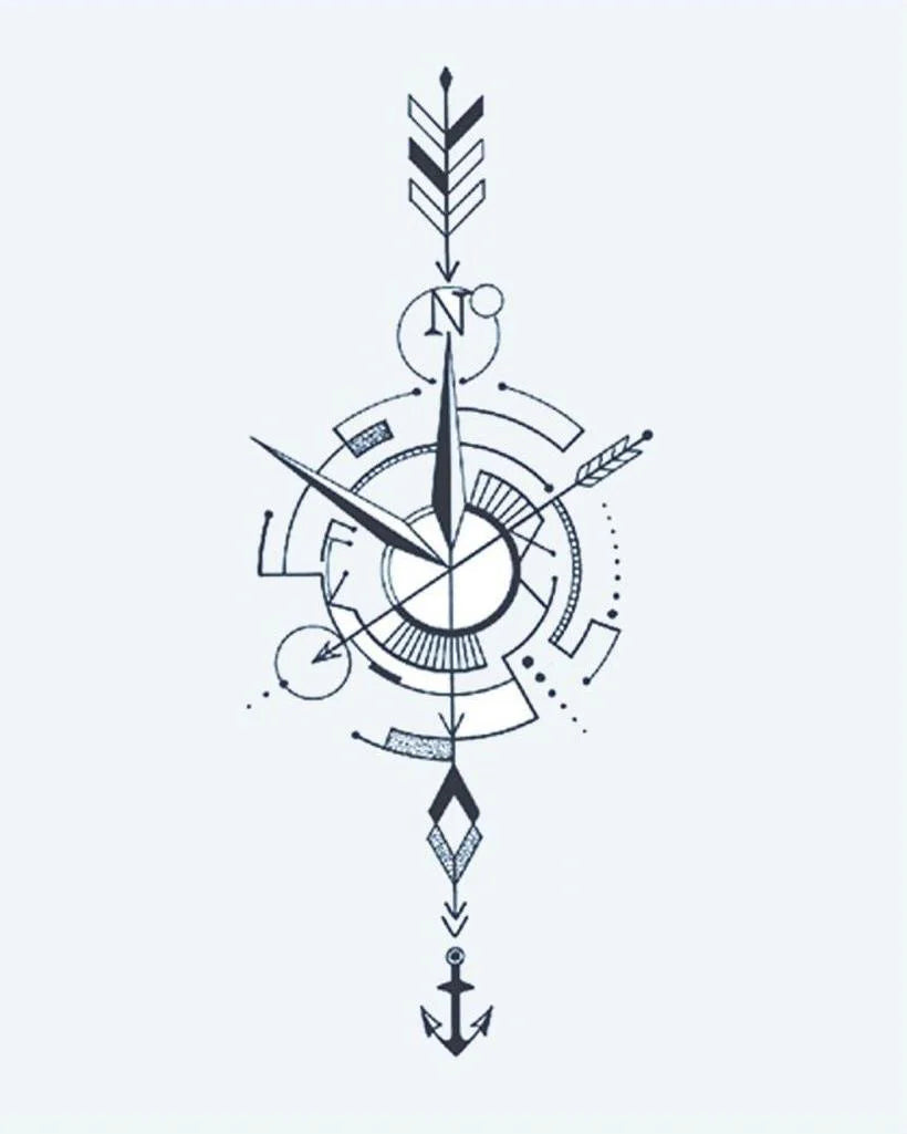 Nautical Compass Arrow semi-permanent tattoo design by INKON – minimalist, compass, arrow, anchor, fine illustration, 4 x 7 in (10x17cm), available at inkon.co