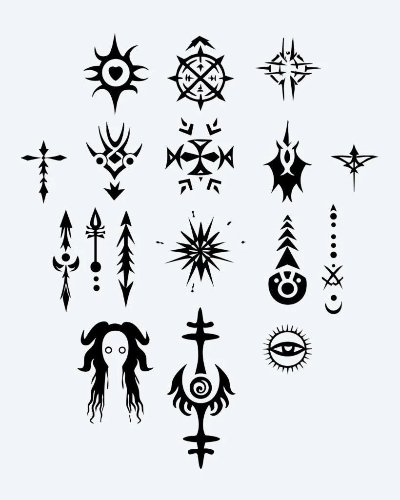 Mystic Symbols Collection semi-permanent tattoo design by INKON – sheet, mystical, occult, symbol, tattoos illustration, 3 x 4 in (7x10cm), available at inkon.co