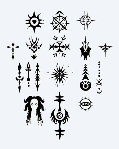 Mystic Symbols Collection semi-permanent tattoo design by INKON – sheet, mystical, occult, symbol, tattoos illustration, 3 x 4 in (7x10cm), available at inkon.co