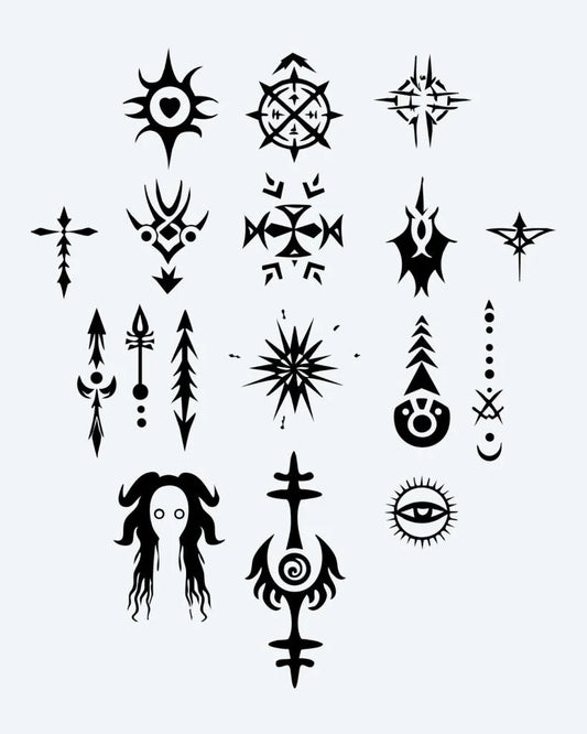 Mystic Symbols Collection semi-permanent tattoo design by INKON – sheet, mystical, occult, symbol, tattoos illustration, 3 x 4 in (7x10cm), available at inkon.co