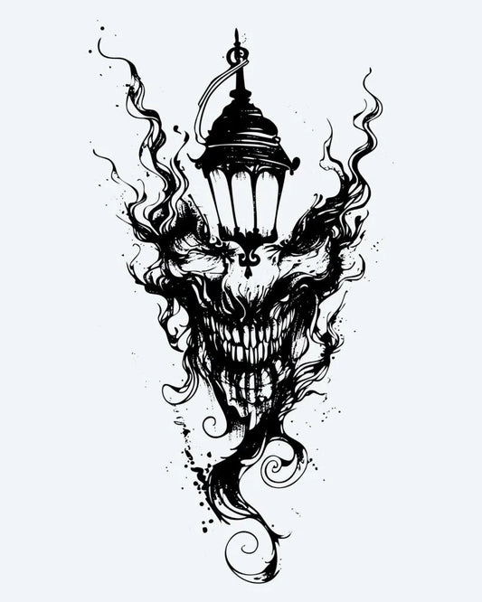 Demon Lantern semi-permanent tattoo design by INKON – sinister, skull, faced, demon, merging illustration, 4 x 7 in (10x17cm), available at inkon.co