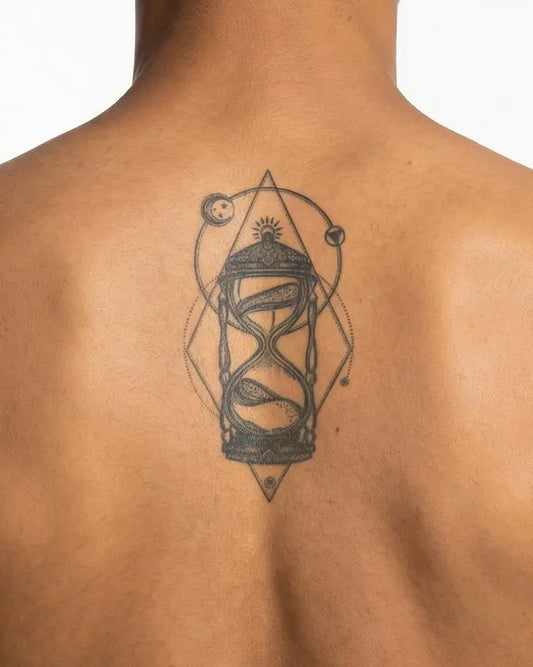 INKON Cosmic Hourglass semi-permanent tattoo applied on a man – 4 x 7 in (10x17cm) design, realistic ink look, lasts 10 days