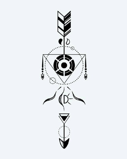 Geometric Arrow semi-permanent tattoo design by INKON – crisp, fine, lines, precise, dotwork illustration, 4 x 7 in (10x17cm), available at inkon.co