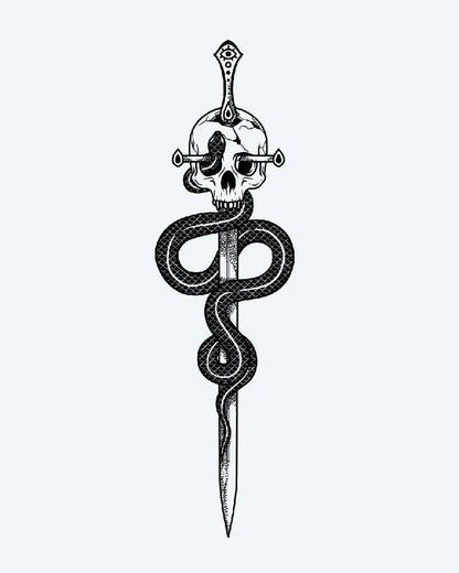Serpent & Skull Dagger semi-permanent tattoo design by INKON – illustrative, blackwork, coiled, serpent, dagger illustration, 4 x 7 in (10x17cm), available at inkon.co
