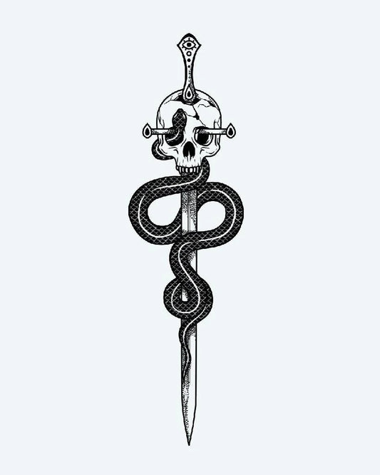 Serpent & Skull Dagger semi-permanent tattoo design by INKON – illustrative, blackwork, coiled, serpent, dagger illustration, 4 x 7 in (10x17cm), available at inkon.co