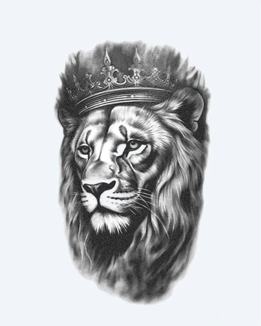 Crowned Lion 2 semi-permanent tattoo design by INKON – regal, lion, portrait, wearing, ornate illustration, 4 x 8 in (11x21cm), available at inkon.co