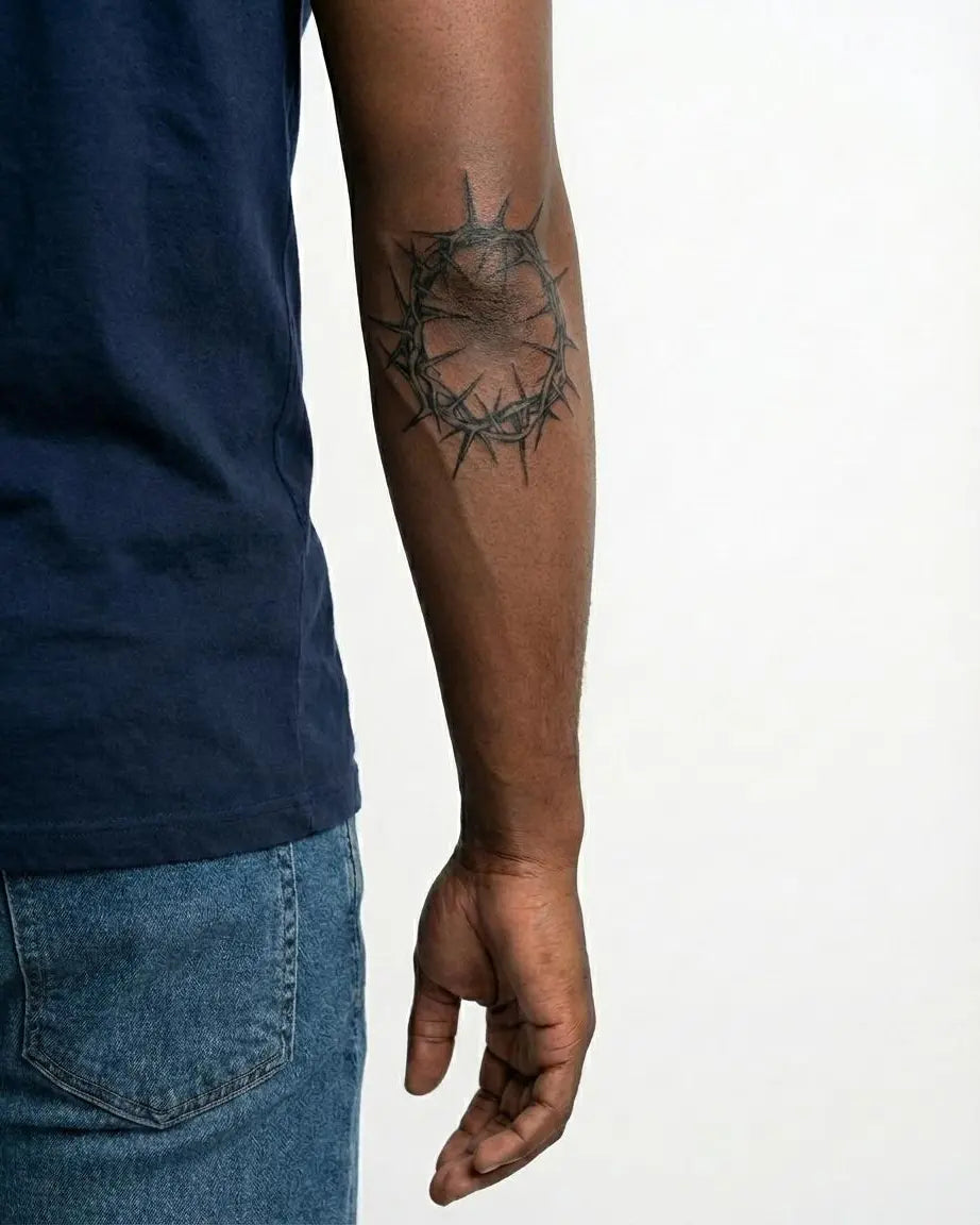 INKON Crown of Thorns semi-permanent tattoo applied on a man – 4 x 4 in (9x9cm) design, realistic ink look, lasts 10 days