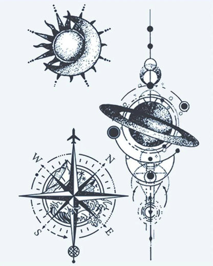 Cosmic Navigation semi-permanent tattoo design by INKON – celestial, designs, compass, rose, mountains illustration, 4 x 7 in (10x17cm), available at inkon.co