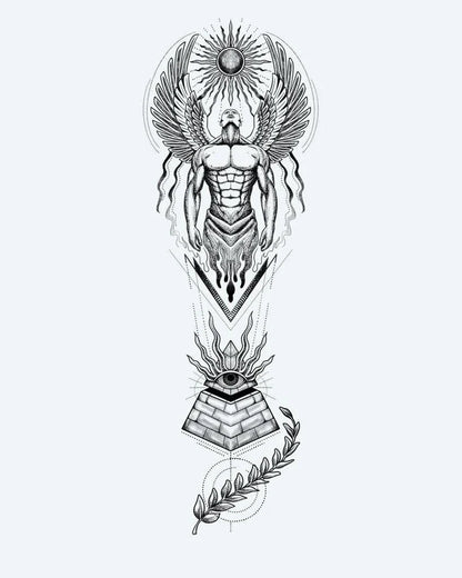 Egyptian Guardian Angel & Pyramid semi-permanent tattoo design by INKON – stunning, egyptian, winged, guardian, figure illustration, 8 x 20 in (20x50cm), available at inkon.co