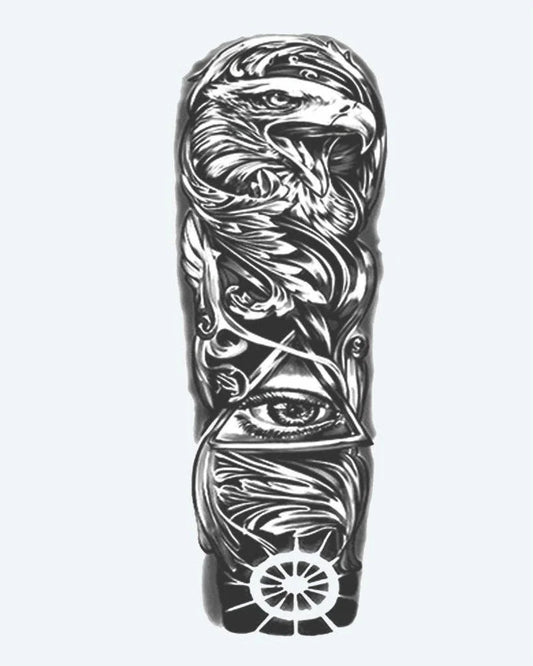 Eagle & All-Seeing Eye semi-permanent tattoo design by INKON – majestic, full, sleeve, eagle, seeing illustration, 8 x 20 in (20x50cm), available at inkon.co