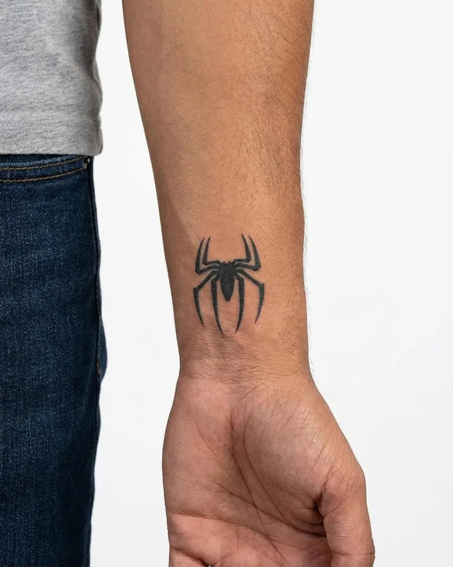 INKON Spider Emblem semi-permanent tattoo applied on a man – 2 x 2 in (5x5cm) design, realistic ink look, lasts 10 days