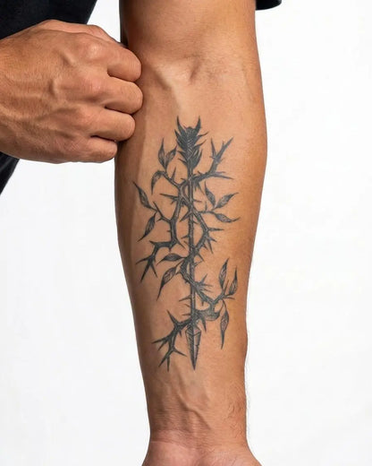 INKON Thorny Branch semi-permanent tattoo applied on a man – 4 x 7 in (10x17cm) design, realistic ink look, lasts 10 days
