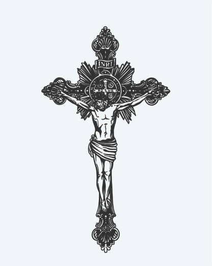 Crucifix semi-permanent tattoo design by INKON – ornate, baroque, crucifix, scrollwork, radiant illustration, 4 x 7 in (10x17cm), available at inkon.co