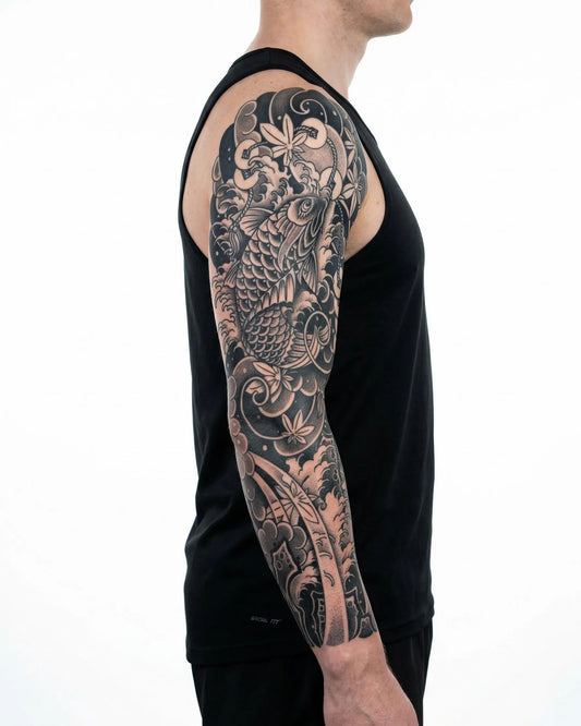 INKON Koi Fish & Waves Sleeve semi-permanent tattoo applied on a man – 8 x 20 in (20x50cm) design, realistic ink look, lasts 10 days