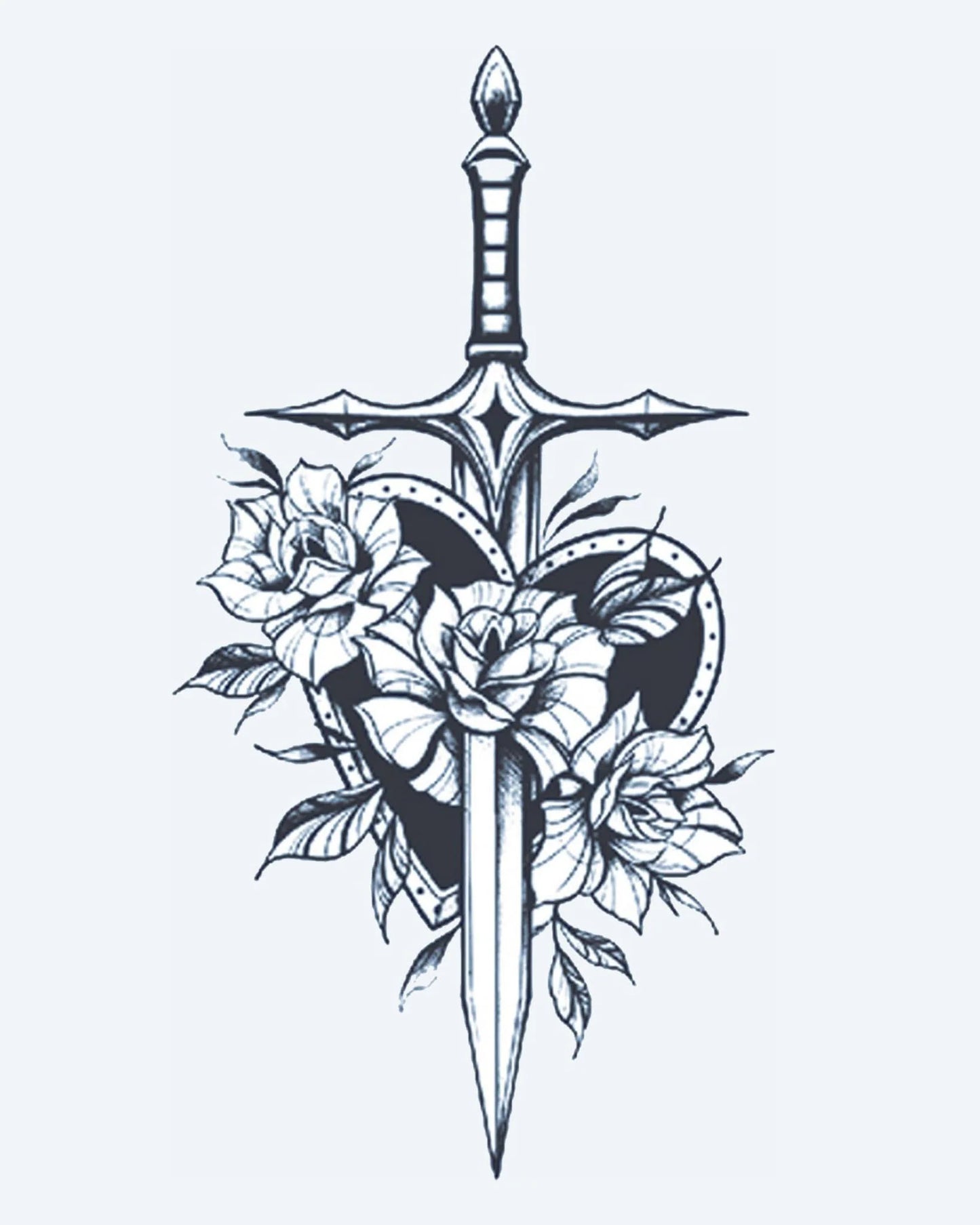 Sword & Roses Shield semi-permanent tattoo design by INKON – dagger, piercing, through, heart, shaped illustration, 4 x 7 in (10x17cm), available at inkon.co