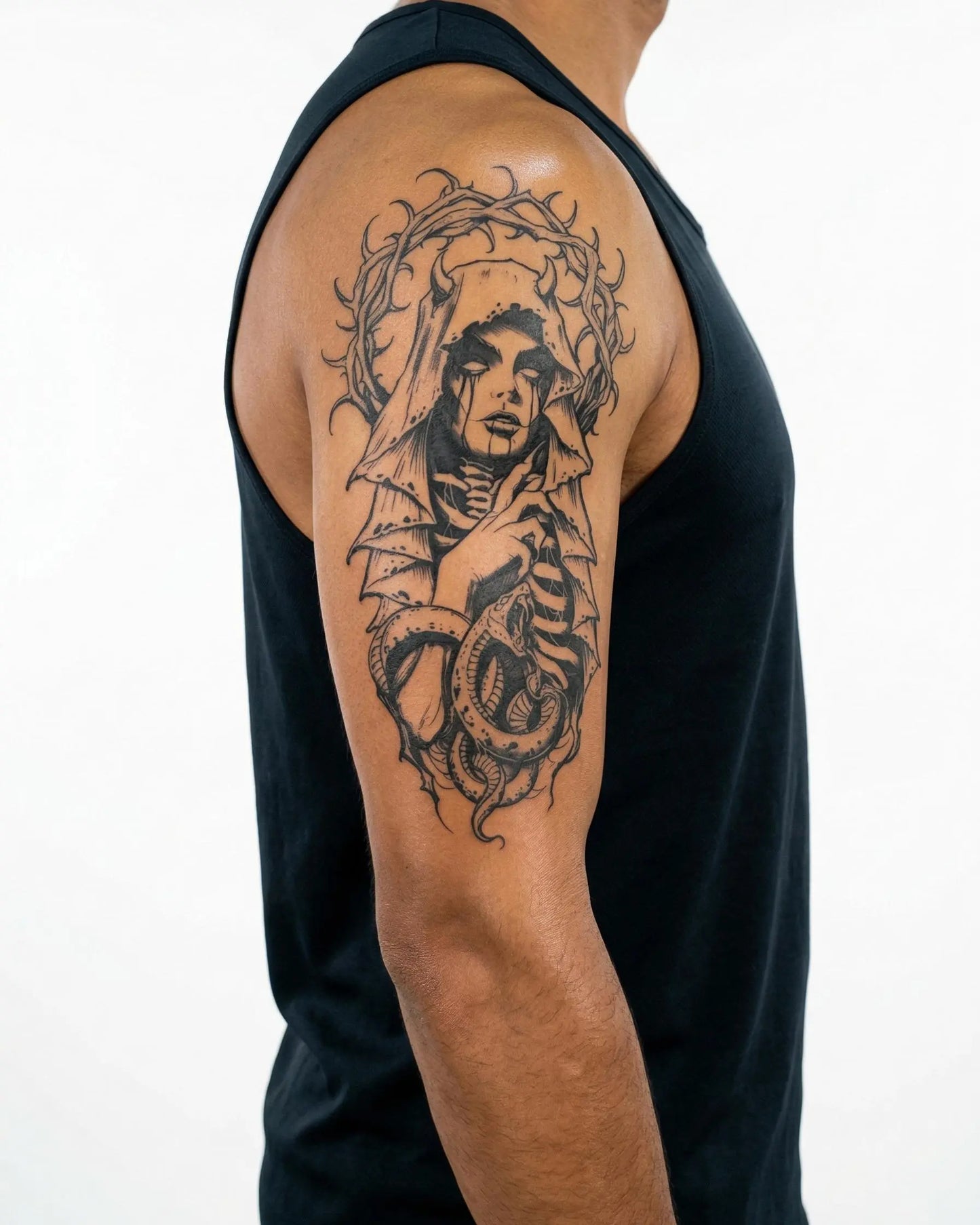 INKON Veiled Lady & Serpent semi-permanent tattoo applied on a man – 4 x 8 in (11x21cm) design, realistic ink look, lasts 10 days