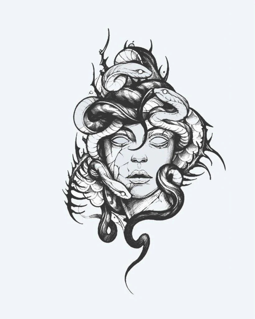 Medusa semi-permanent tattoo design by INKON – haunting, medusa, portrait, intertwining, snakes illustration, 4 x 7 in (10x17cm), available at inkon.co
