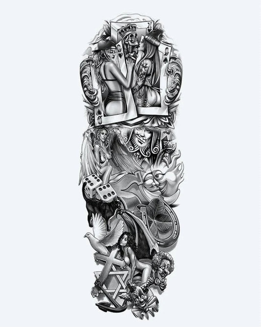 Casino & Pin-Up Girls semi-permanent tattoo design by INKON – playful, full, sleeve, playing, cards illustration, 8 x 20 in (20x50cm), available at inkon.co