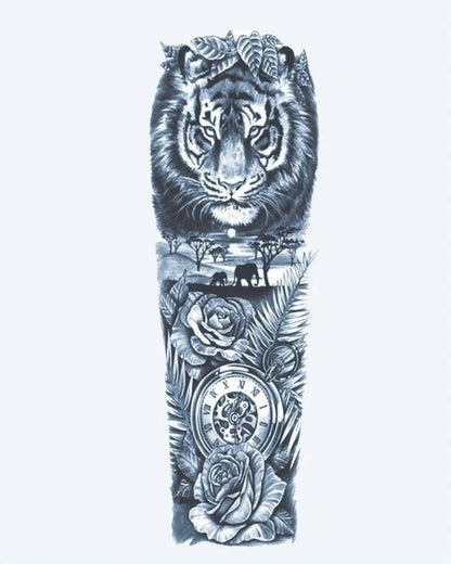 Tiger & Safari Clock semi-permanent tattoo design by INKON – majestic, full, sleeve, tiger, african illustration, 8 x 20 in (20x50cm), available at inkon.co