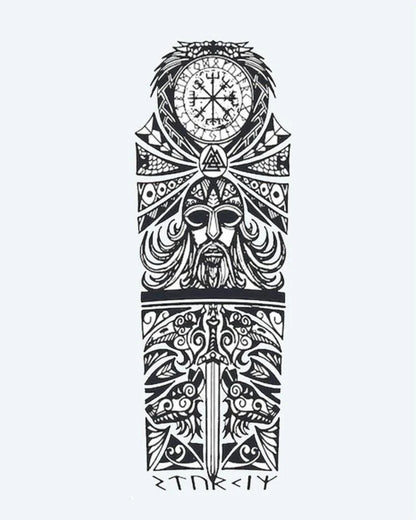Viking Odin & Runes semi-permanent tattoo design by INKON – norse, mythology, full, sleeve, odin illustration, 8 x 20 in (20x50cm), available at inkon.co