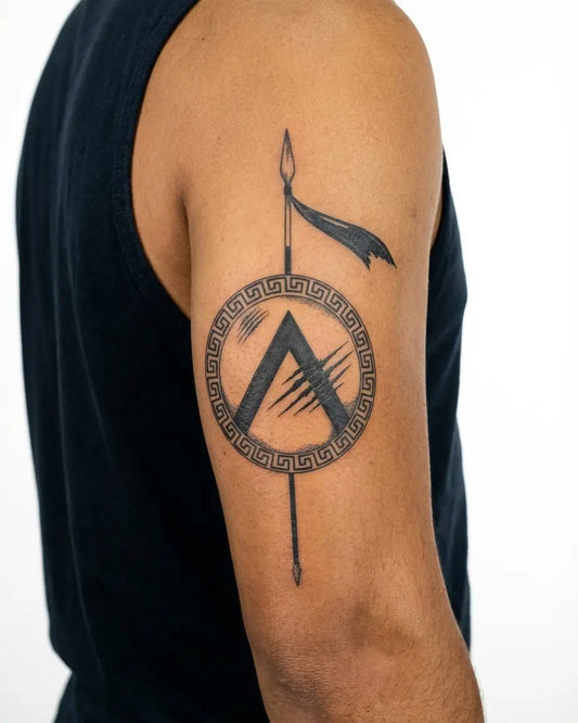 INKON Spartan Shield & Spear semi-permanent tattoo applied on a man – 4 x 7 in (10x17cm) design, realistic ink look, lasts 10 days