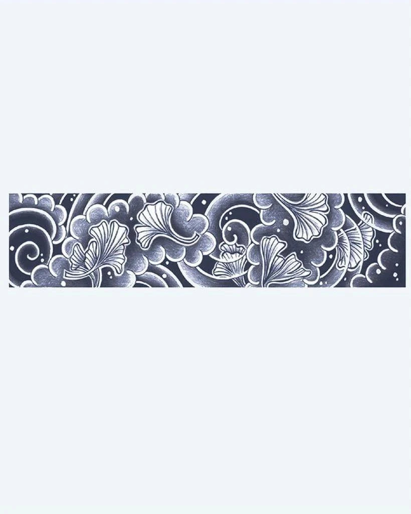 Ginkgo Leaves & Clouds Band semi-permanent tattoo design by INKON – japanese, armband, delicate, ginkgo, leaves illustration, 2 x 9 in (5x23cm), available at inkon.co