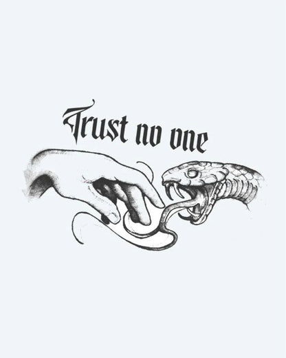 Trust No One Snake Bite semi-permanent tattoo design by INKON – reaching, toward, snake, gothic, script illustration, 4 x 7 in (10x17cm), available at inkon.co