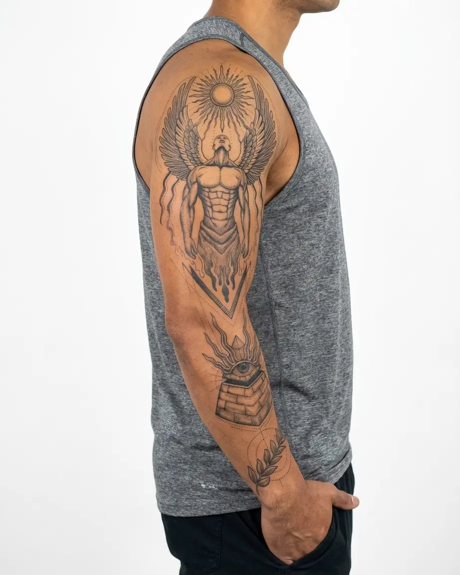 INKON Egyptian Guardian Angel & Pyramid semi-permanent tattoo applied on a man – 8 x 20 in (20x50cm) design, realistic ink look, lasts 10 days