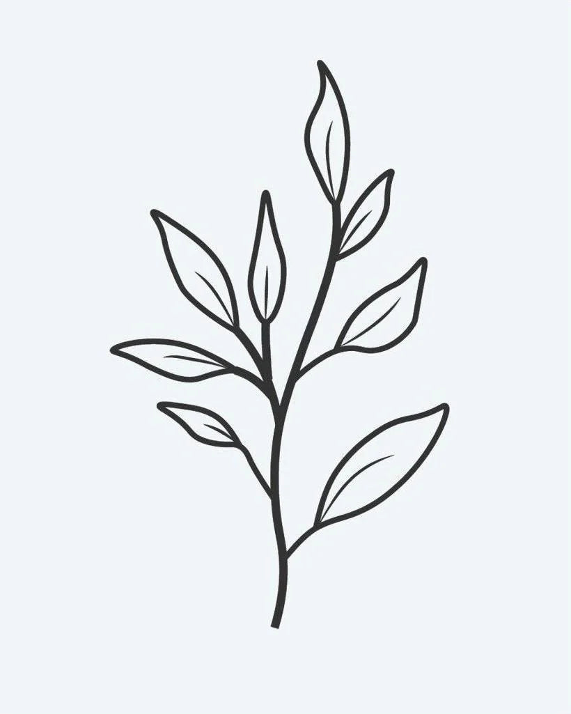 Leaf Branch semi-permanent tattoo design by INKON – botanical, branch, multiple, leaves, line illustration, 2 x 2 in (5x5cm), available at inkon.co