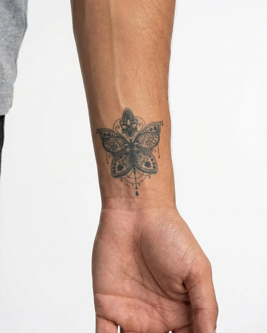 INKON Ornamental Butterfly semi-permanent tattoo applied on a man – 2 x 2 in (5x5cm) design, realistic ink look, lasts 10 days