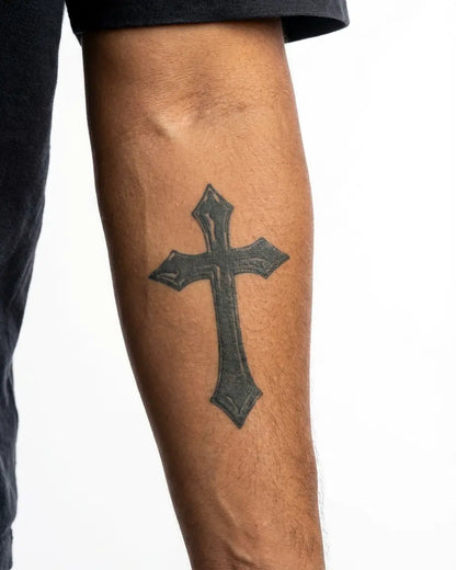INKON Gothic Cross semi-permanent tattoo applied on a man – 3 x 4 in (7x10cm) design, realistic ink look, lasts 10 days