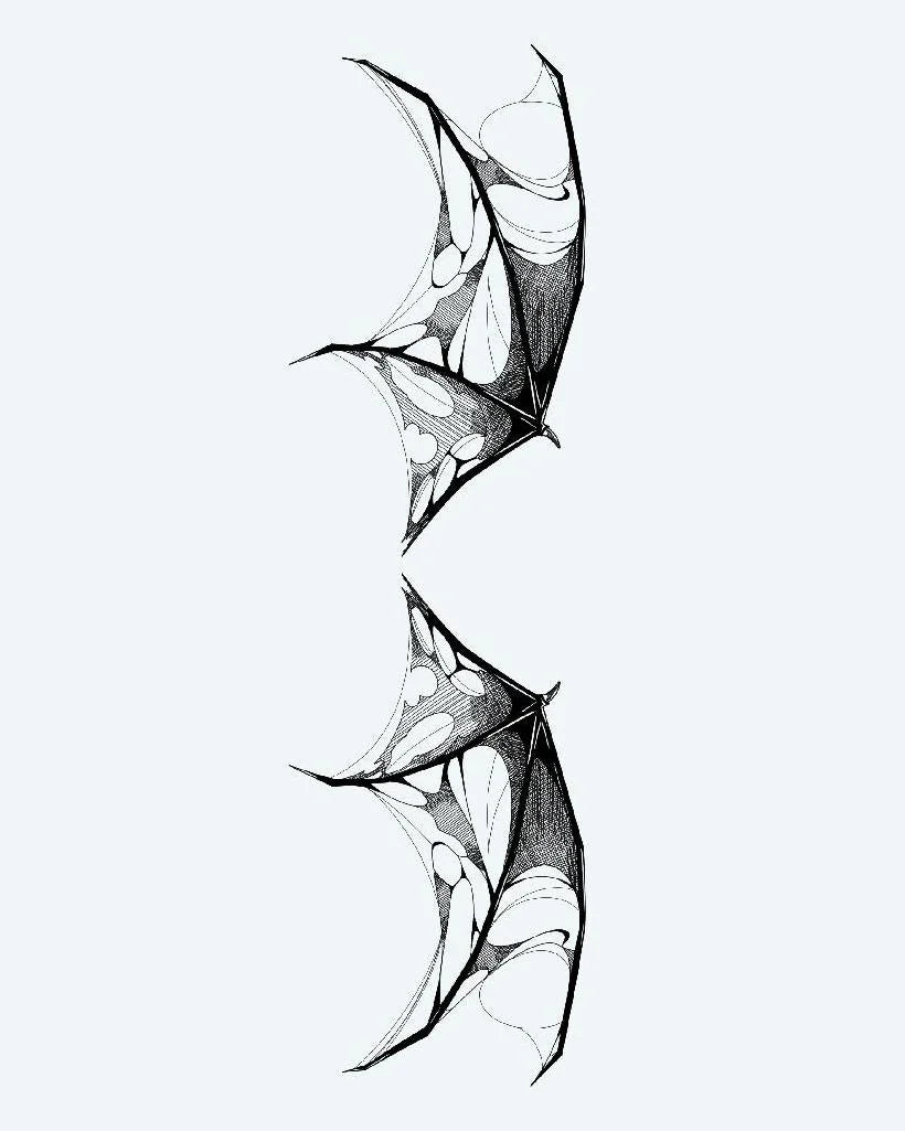Tattered Demon Wings semi-permanent tattoo design by INKON – illustrative, blackwork, shading, defines, pair illustration, 4 x 8 in (11x21cm), available at inkon.co
