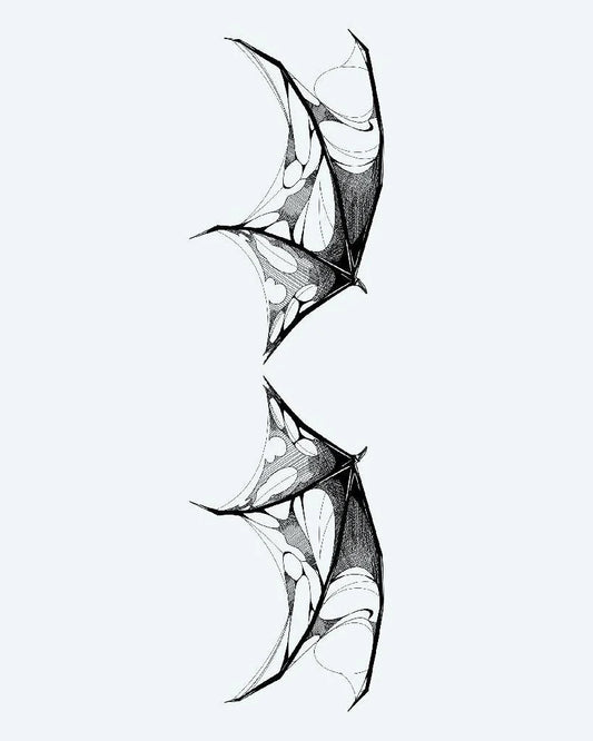 Tattered Demon Wings semi-permanent tattoo design by INKON – illustrative, blackwork, shading, defines, pair illustration, 4 x 8 in (11x21cm), available at inkon.co