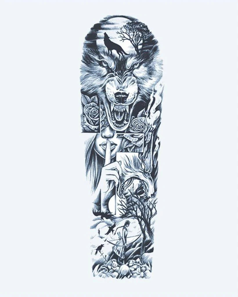 Wolf & Forest Night semi-permanent tattoo design by INKON – full, sleeve, snarling, wolf, moonlit illustration, 8 x 20 in (20x50cm), available at inkon.co
