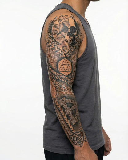 INKON Geometric Skull & Sacred Geometry semi-permanent tattoo applied on a man – 8 x 20 in (20x50cm) design, realistic ink look, lasts 10 days