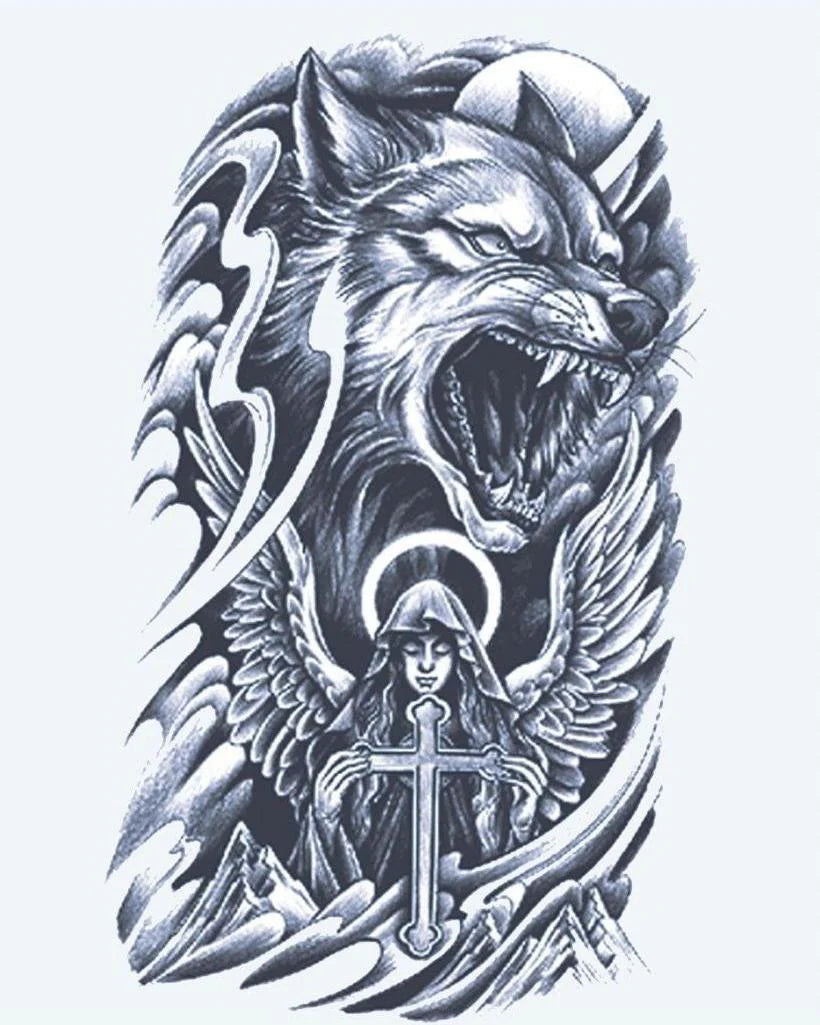 Wolf & Guardian Angel semi-permanent tattoo design by INKON – snarling, wolf, above, guardian, angel illustration, 4 x 7 in (10x17cm), available at inkon.co