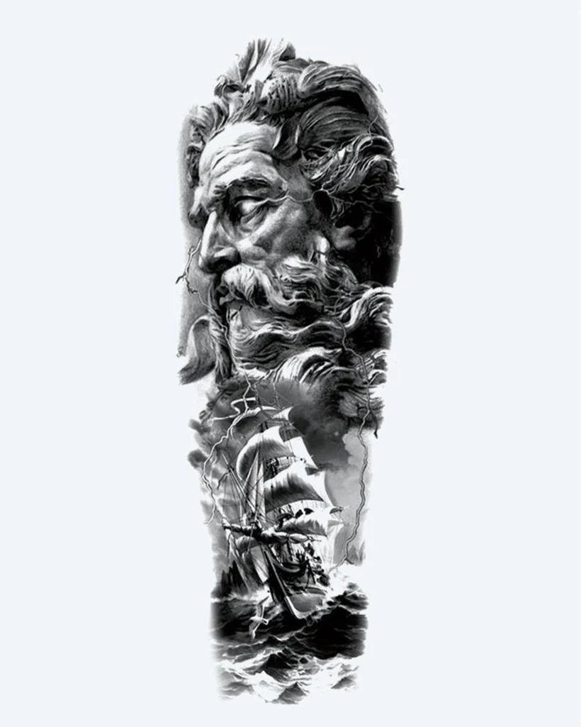 Poseidon & Storm Ship semi-permanent tattoo design by INKON – epic, full, sleeve, poseidon, face illustration, 8 x 20 in (20x50cm), available at inkon.co