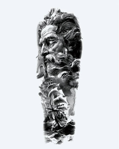 Poseidon & Storm Ship semi-permanent tattoo design by INKON – epic, full, sleeve, poseidon, face illustration, 8 x 20 in (20x50cm), available at inkon.co