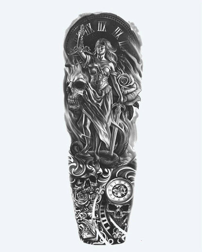 Lady Justice & Skulls semi-permanent tattoo design by INKON – dramatic, full, sleeve, lady, justice illustration, 8 x 20 in (20x50cm), available at inkon.co