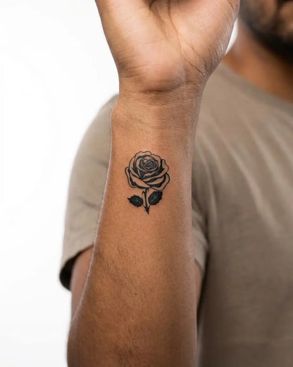INKON Classic Rose semi-permanent tattoo applied on a man – 2 x 2 in (5x5cm) design, realistic ink look, lasts 10 days