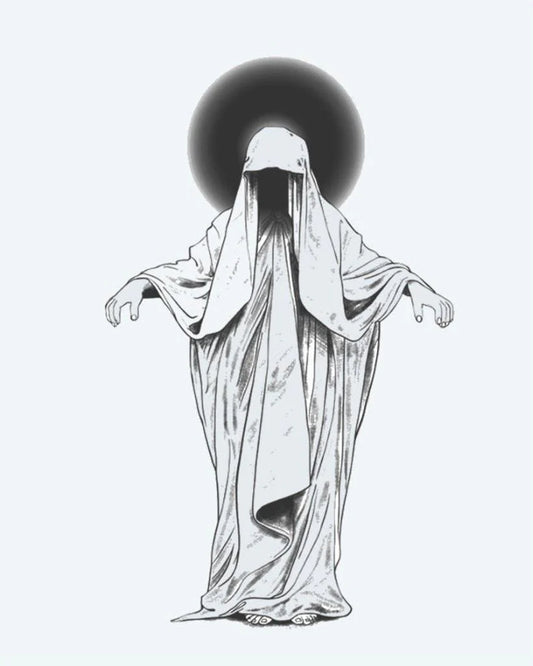 Veiled Phantom semi-permanent tattoo design by INKON – mysterious, robed, figure, veiled, face illustration, 4 x 7 in (10x17cm), available at inkon.co